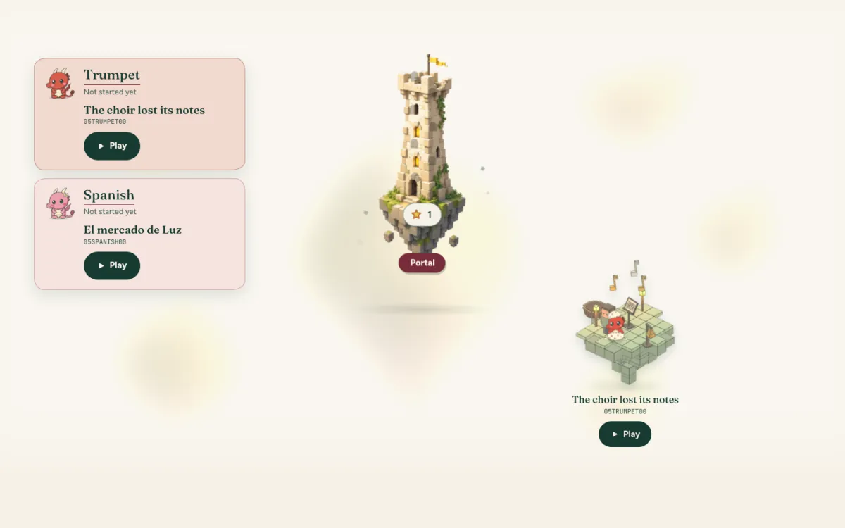 An example desk: a floating tower, a home island with the next mission, and a card for each of two roads, trumpet and Spanish, each with its own dragon.
