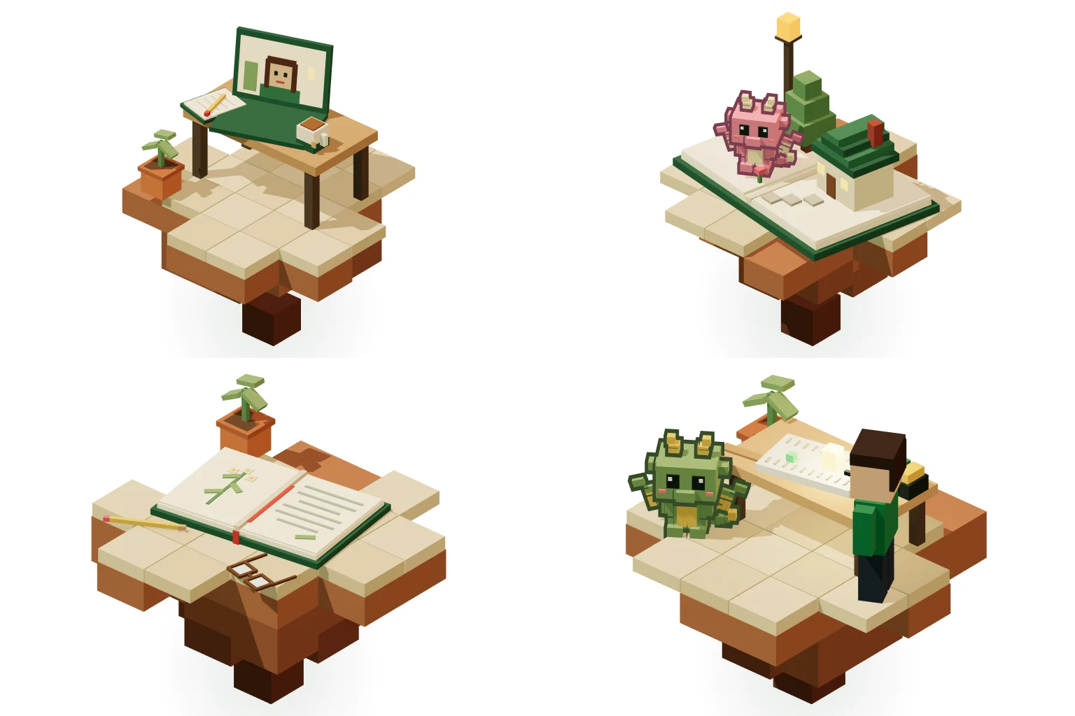 Illustration of a floating voxel island: a tutor on a laptop call at a desk, with a cup of tea, a notebook and a plant.