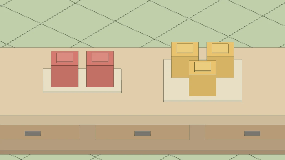 The math worktop, with two separate groups of small red and yellow blocks for a lantern stand.