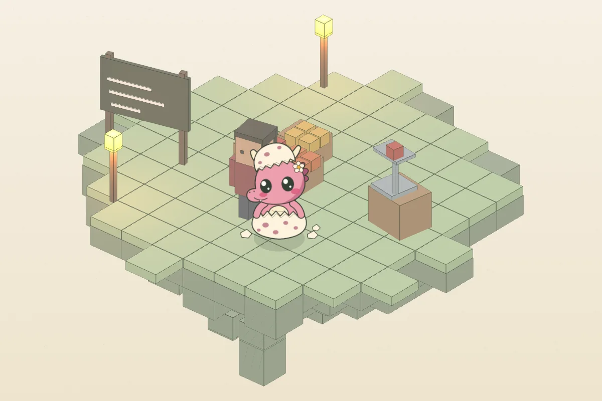 Luz the pink dragon on her market island, beside the price board and a lantern.